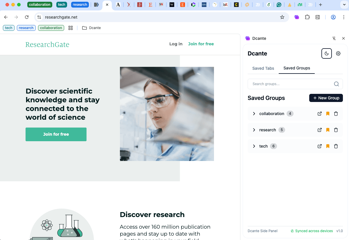 Dcante in action - transforming tab chaos into organized collections